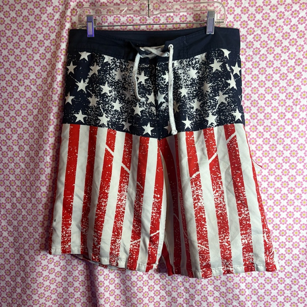 Men’s American Flag Swim‎ Trunks Board Shorts Size Large USA Patriotic